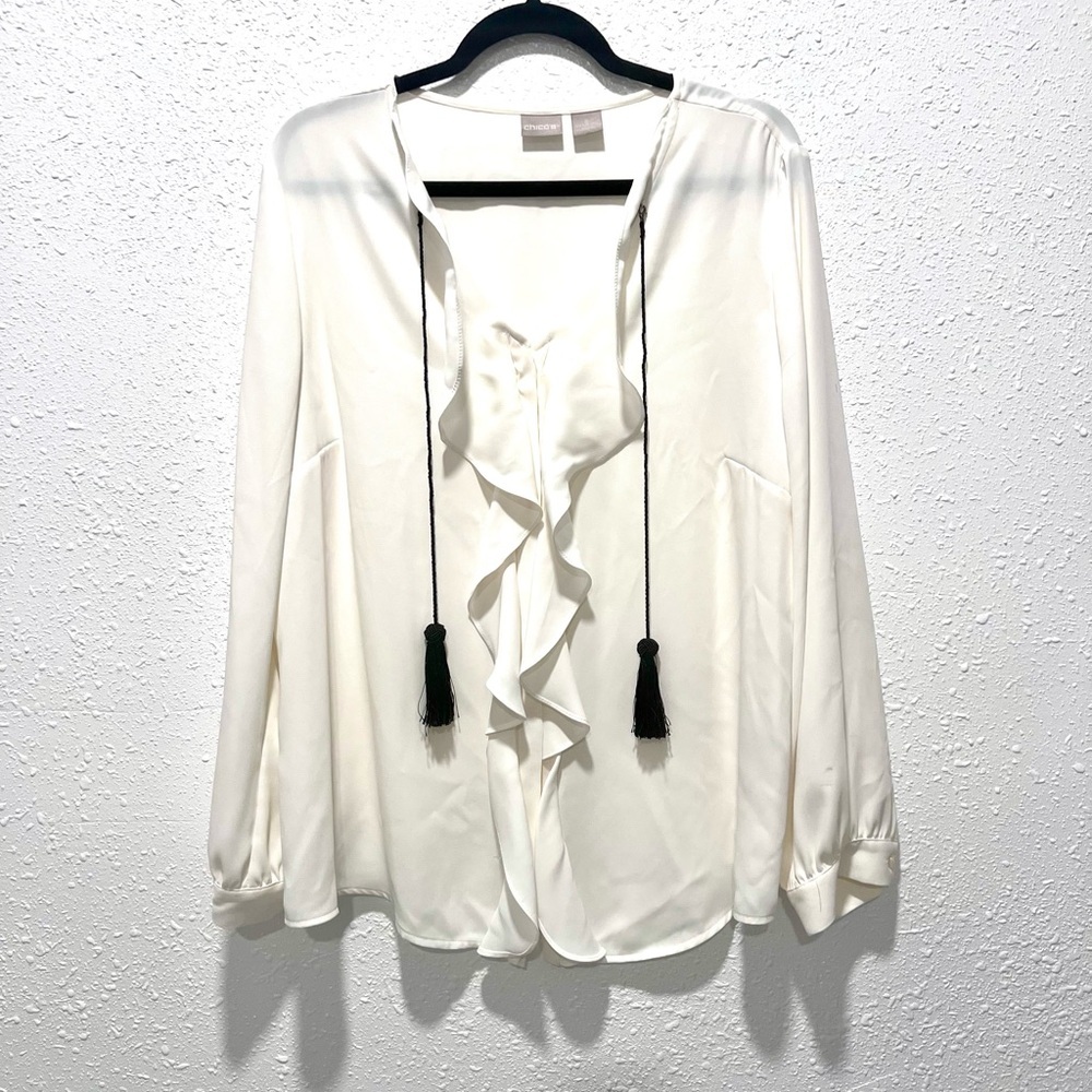 Chico's White Ruffled Tie Front Blouse L/12
